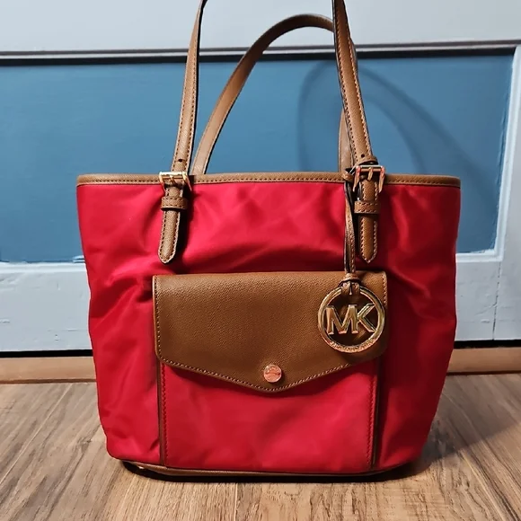 Michael Kors Women's Nylon Red and Tan Travel Tote - Picture 1 of 16